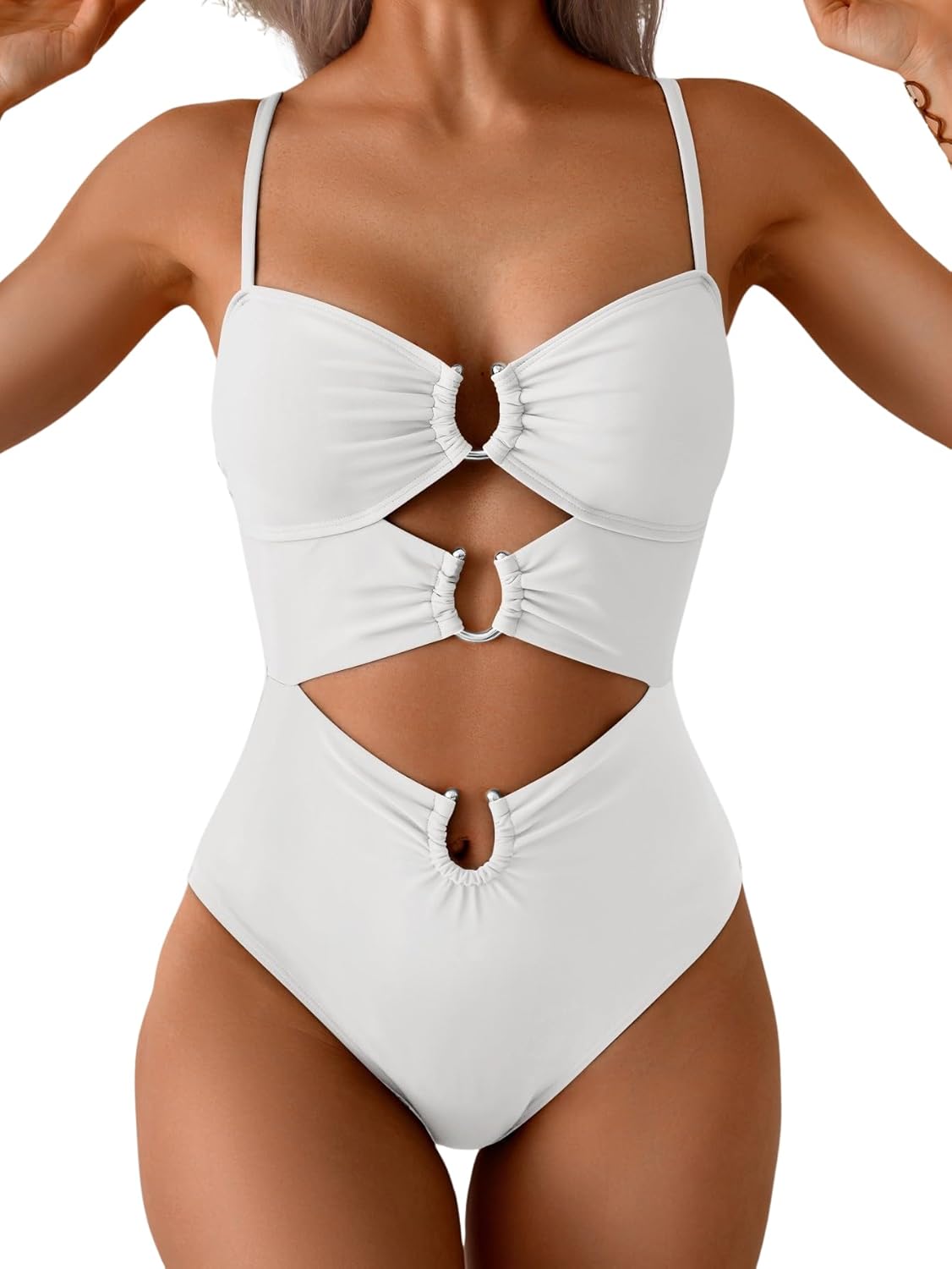 Women's Ring-Linked Cutout Monokini Sexy One-Piece Swimsuit with Adjustable Straps & Push-Up Support