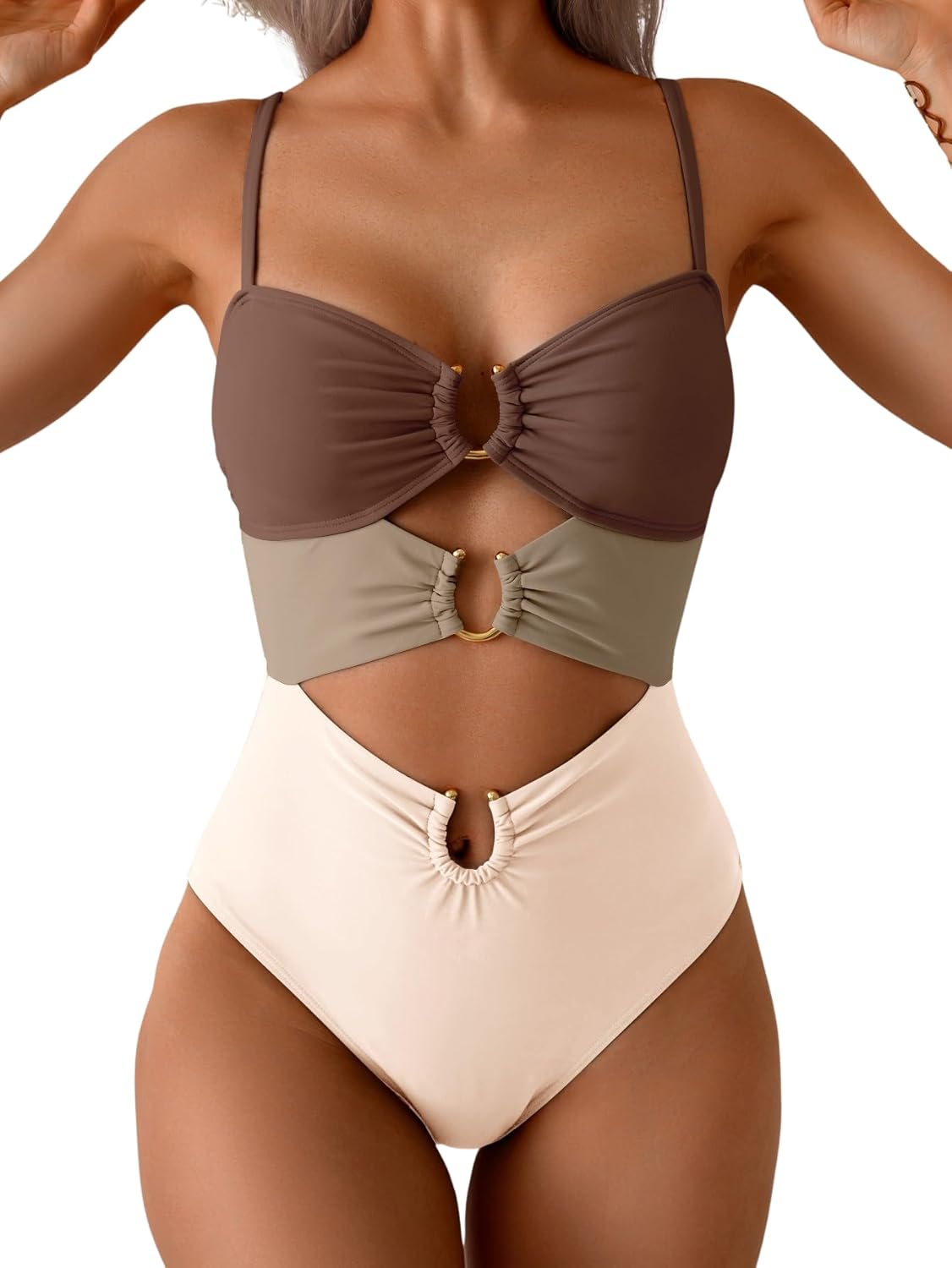Women's Ring-Linked Cutout Monokini Sexy One-Piece Swimsuit with Adjustable Straps & Push-Up Support