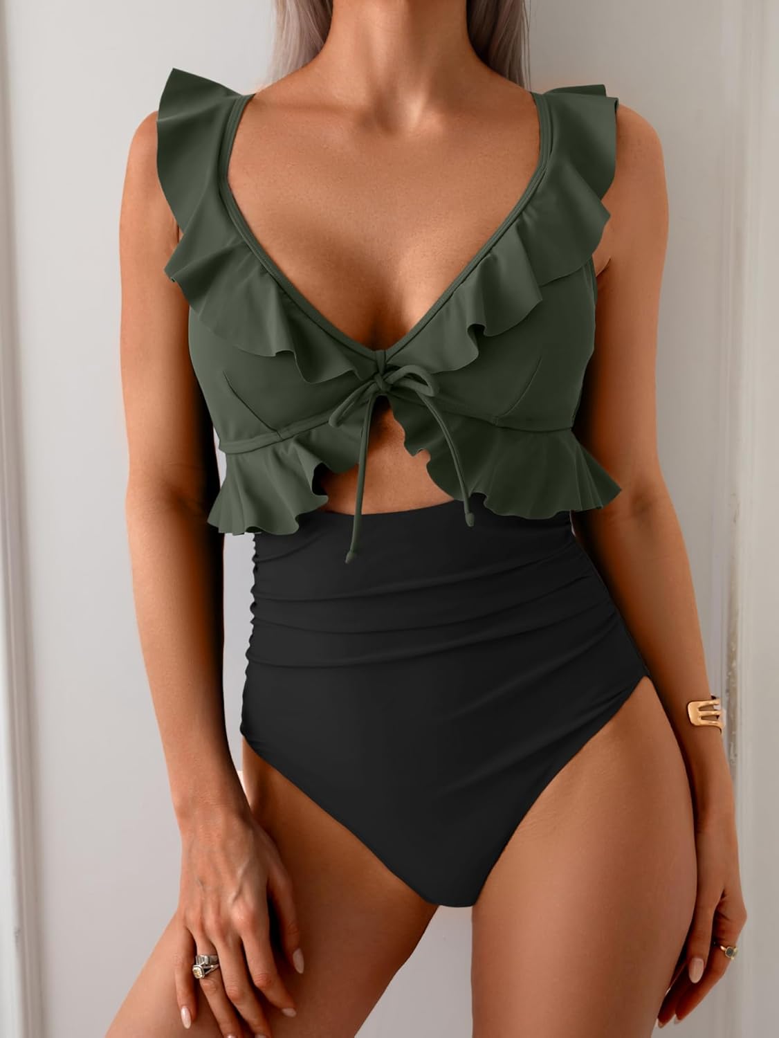 Women's Ruffle V-Neck One-Piece Swimsuit Tummy Control Bathing Suit with Ruched Waist, Cutout & Push-Up Support