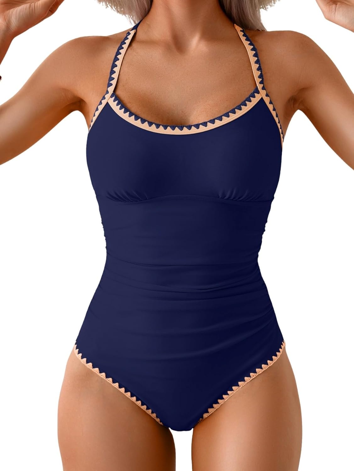 Women's Ruched One-Piece Swimsuit Tummy Control Bathing Suit with Shell Stitch, Tie Back & Push-Up Support