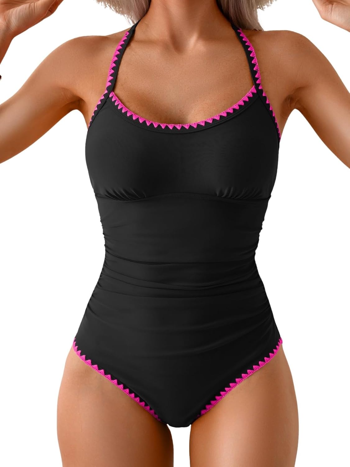 Women's Ruched One-Piece Swimsuit Tummy Control Bathing Suit with Shell Stitch, Tie Back & Push-Up Support