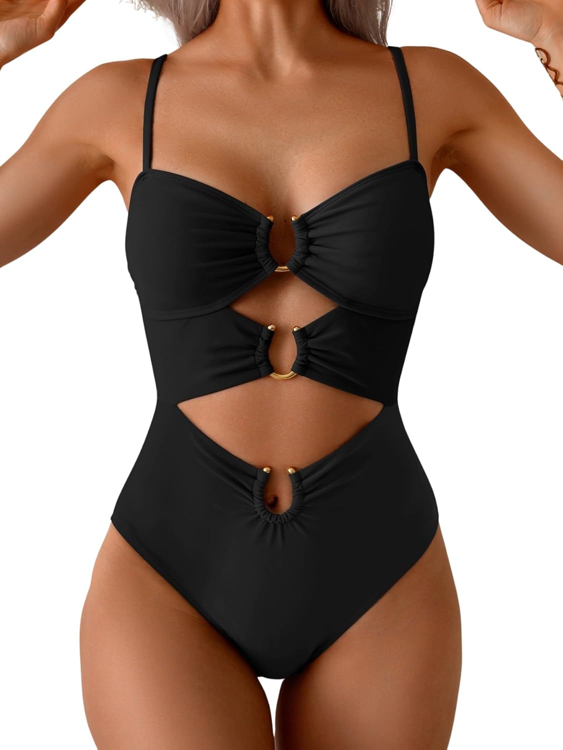 Women's Ring-Linked Cutout Monokini Sexy One-Piece Swimsuit with Adjustable Straps & Push-Up Support