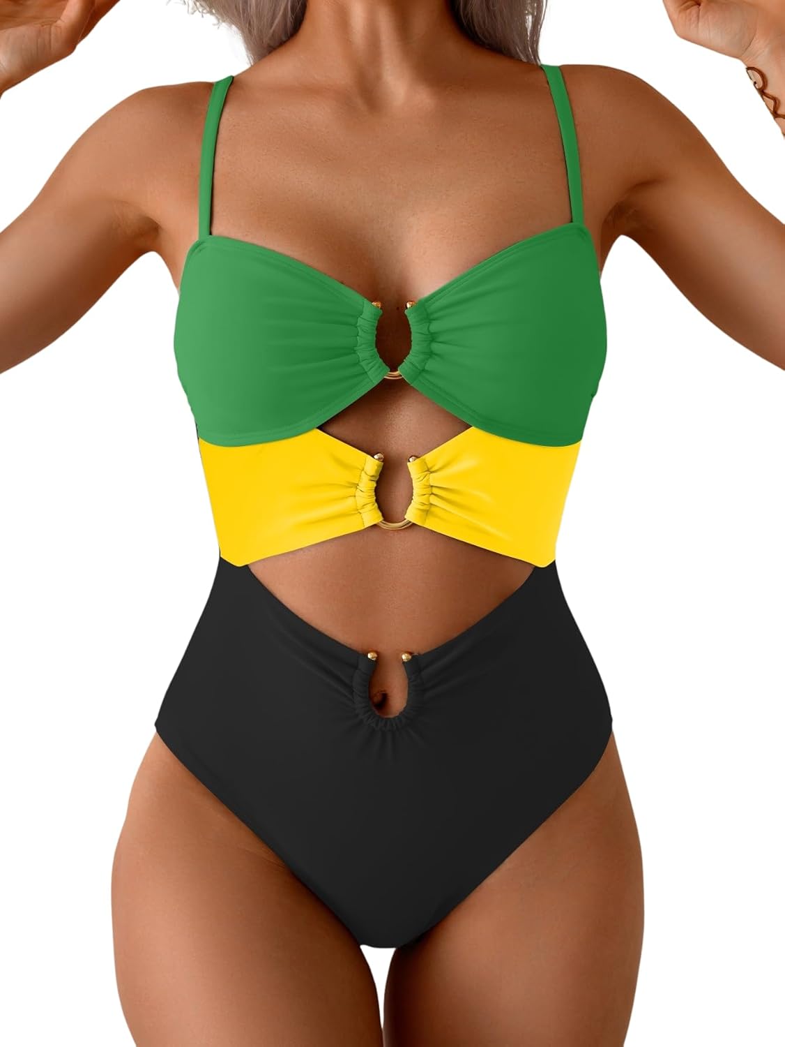 Women's Ring-Linked Cutout Monokini Sexy One-Piece Swimsuit with Adjustable Straps & Push-Up Support