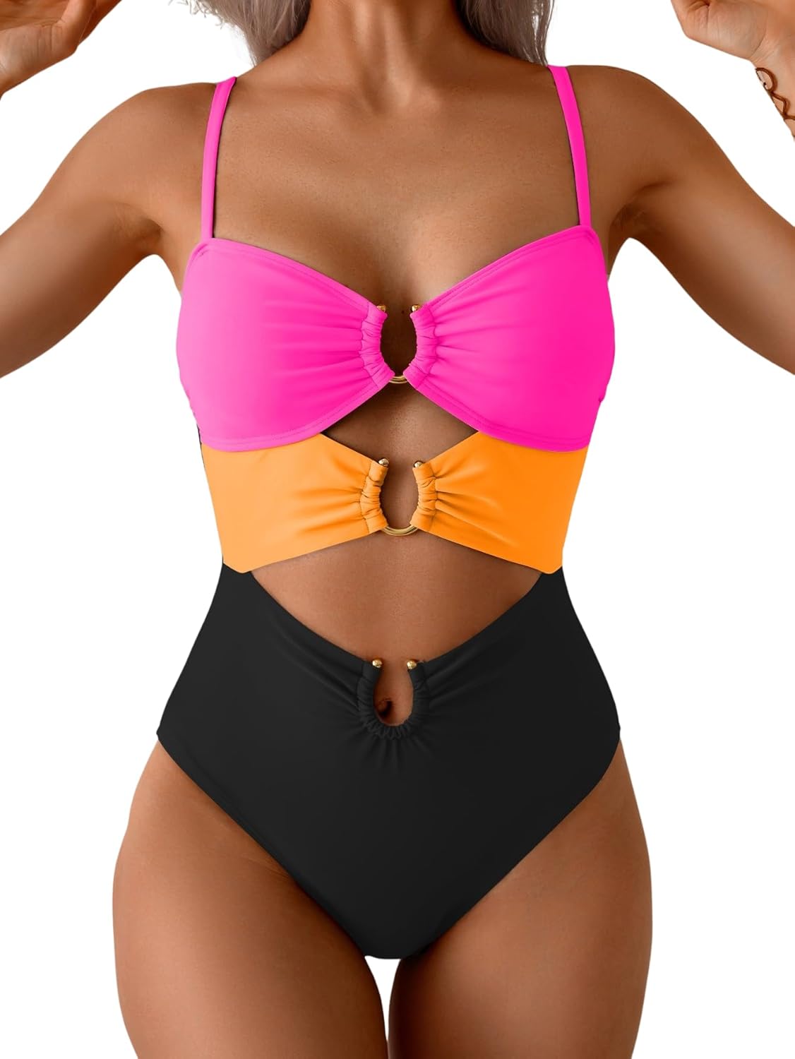 Women's Ring-Linked Cutout Monokini Sexy One-Piece Swimsuit with Adjustable Straps & Push-Up Support