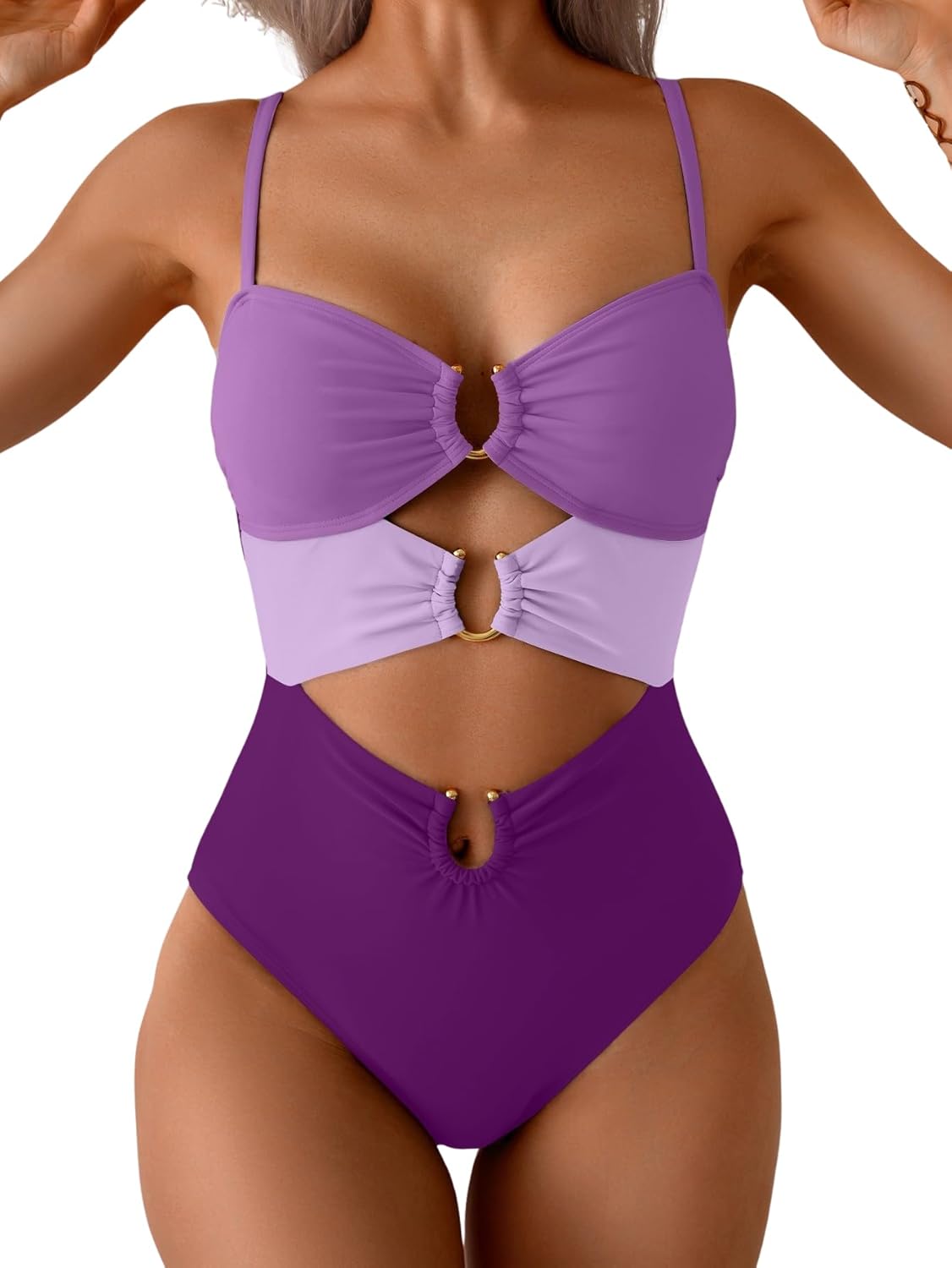 Women's Ring-Linked Cutout Monokini Sexy One-Piece Swimsuit with Adjustable Straps & Push-Up Support