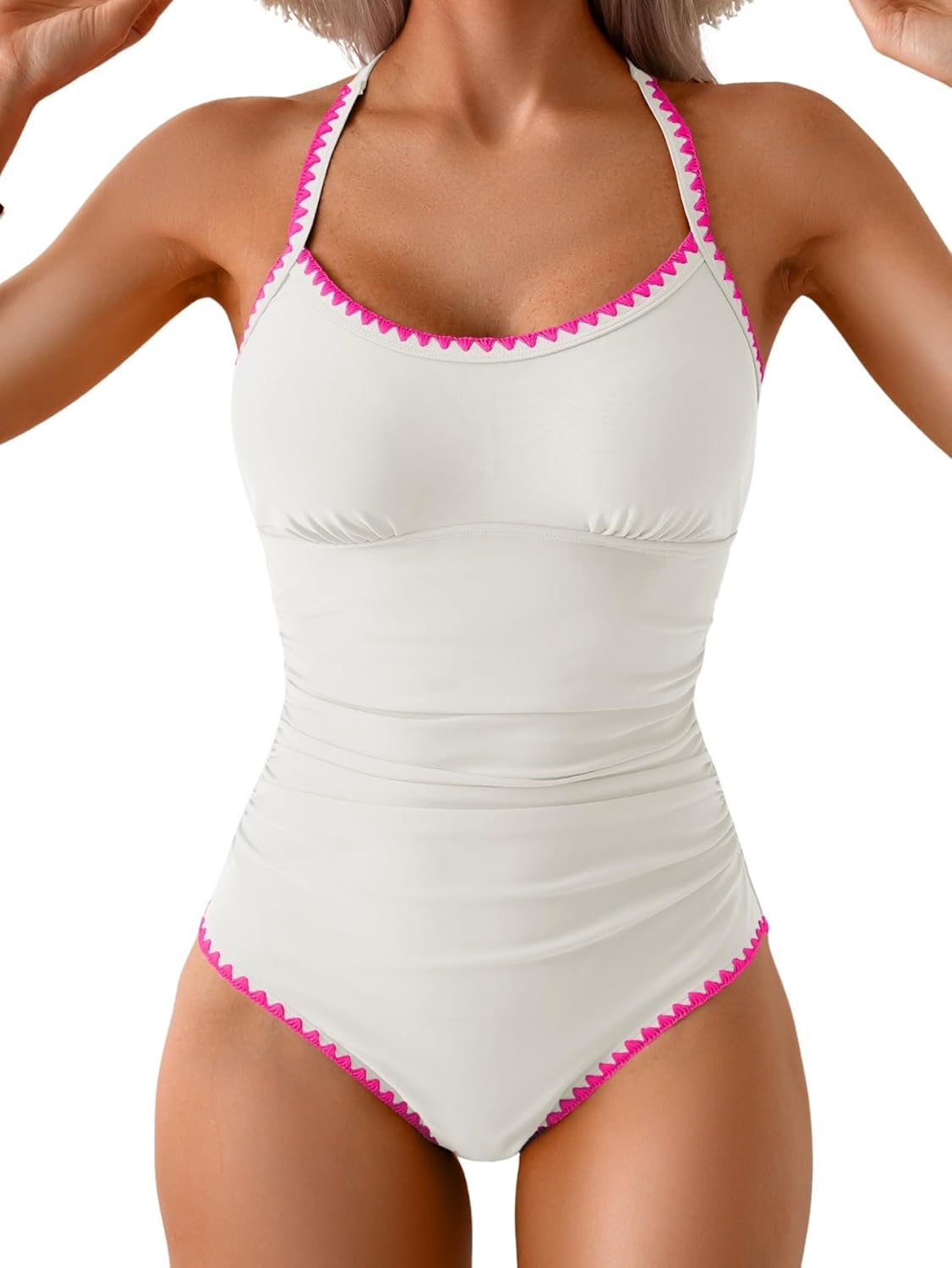 Women's Ruched One-Piece Swimsuit Tummy Control Bathing Suit with Shell Stitch, Tie Back & Push-Up Support