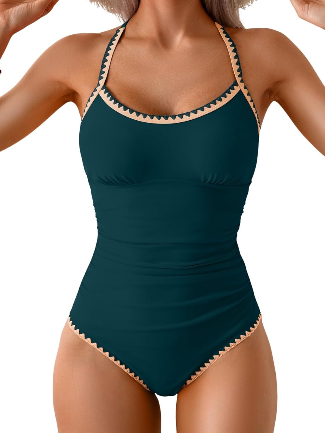 Women's Ruched One-Piece Swimsuit Tummy Control Bathing Suit with Shell Stitch, Tie Back & Push-Up Support