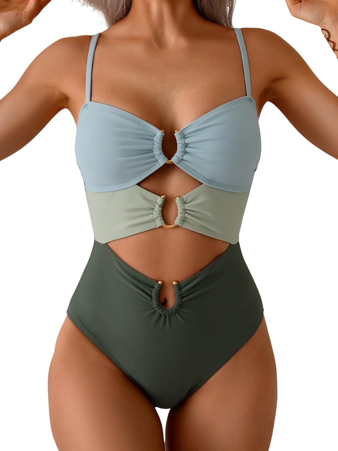 Women's Ring-Linked Cutout Monokini Sexy One-Piece Swimsuit with Adjustable Straps & Push-Up Support