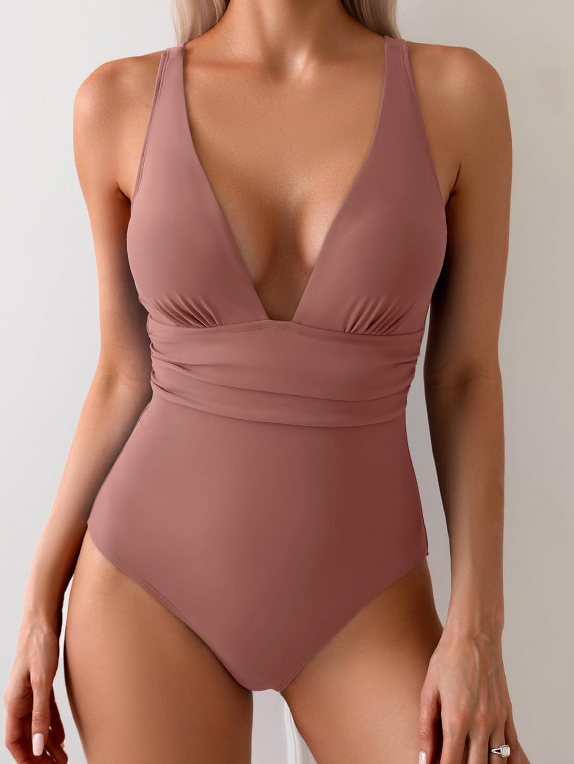 Women's V-Neck One-Piece Swimsuit Tummy Control Bathing Suit with Adjustable Straps & Push-Up Support