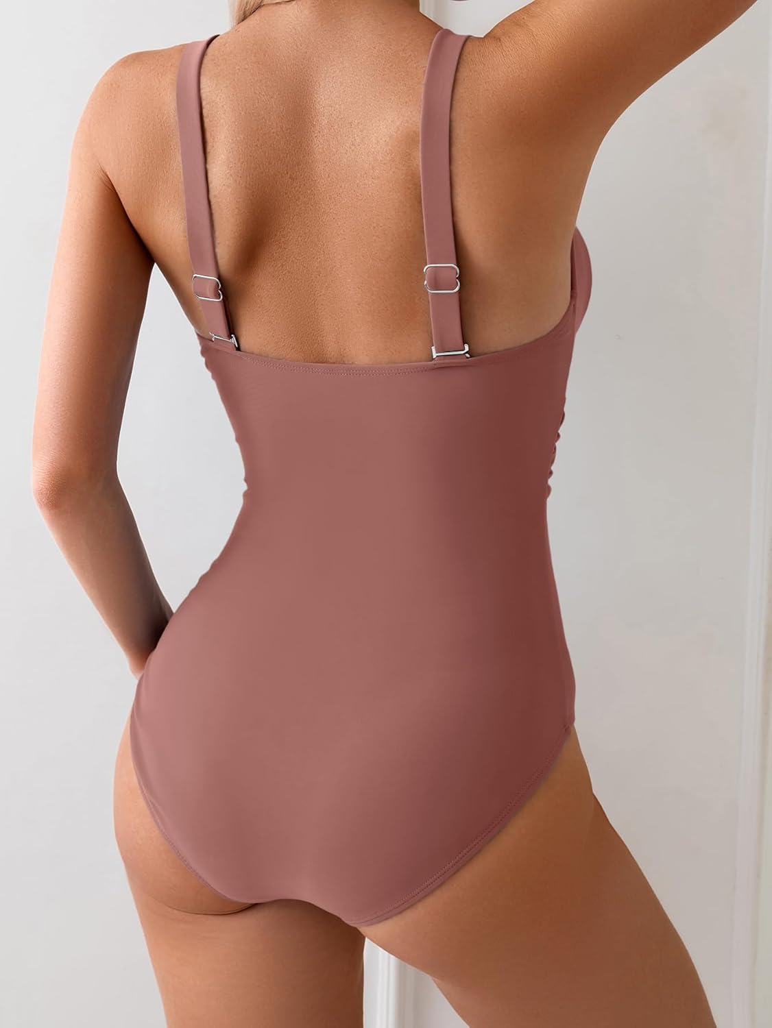 Women's V-Neck One-Piece Swimsuit Tummy Control Bathing Suit with Adjustable Straps & Push-Up Support