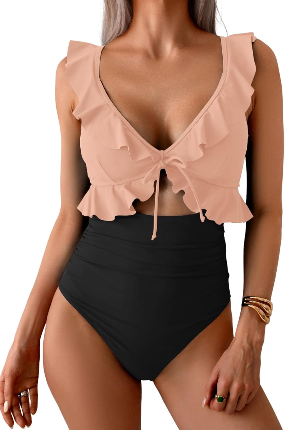 Women's Ruffle V-Neck One-Piece Swimsuit Tummy Control Bathing Suit with Ruched Waist, Cutout & Push-Up Support