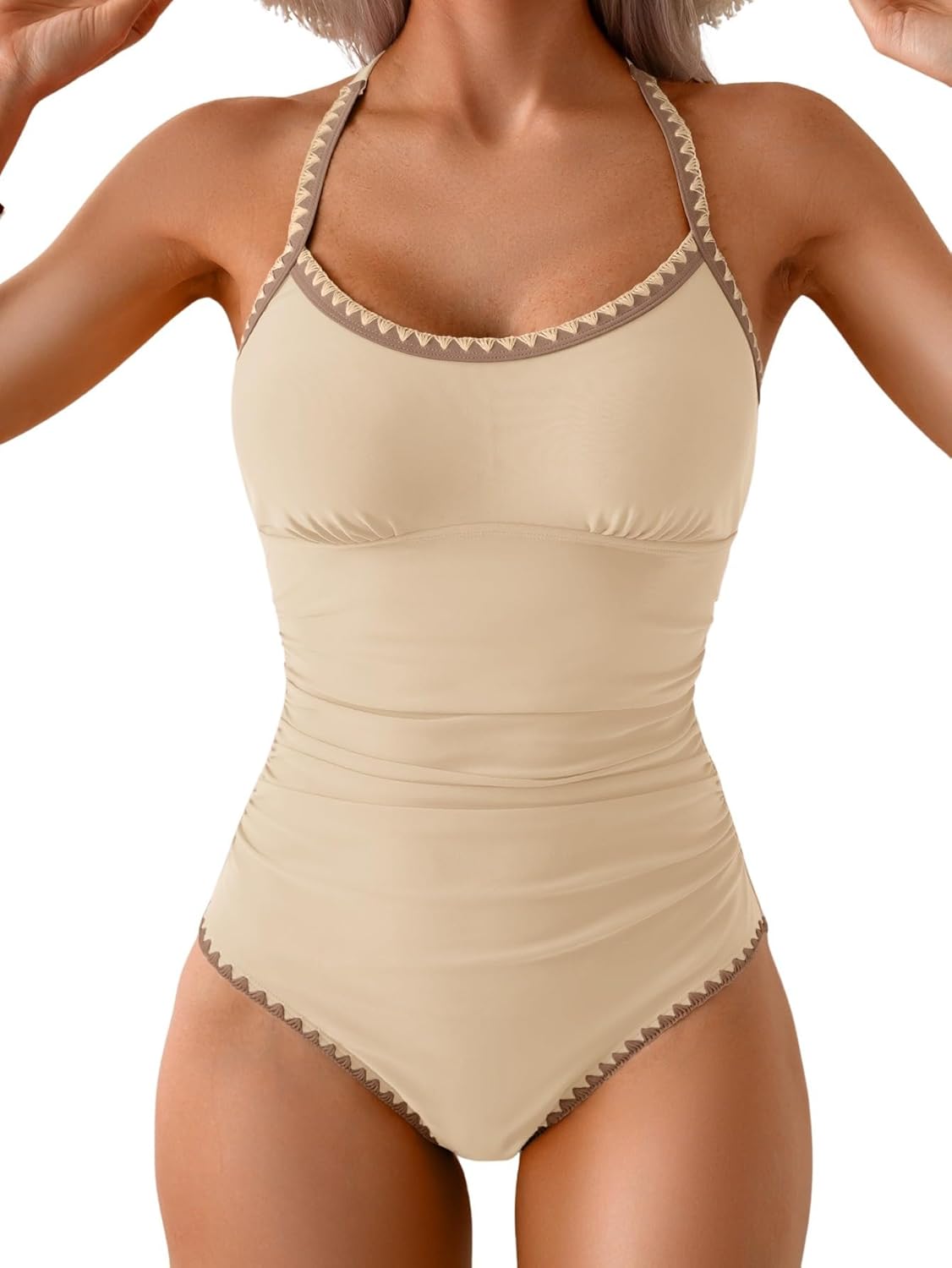 Women's Ruched One-Piece Swimsuit Tummy Control Bathing Suit with Shell Stitch, Tie Back & Push-Up Support