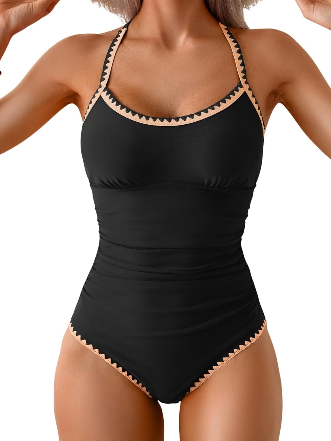 Women's Ruched One-Piece Swimsuit Tummy Control Bathing Suit with Shell Stitch, Tie Back & Push-Up Support