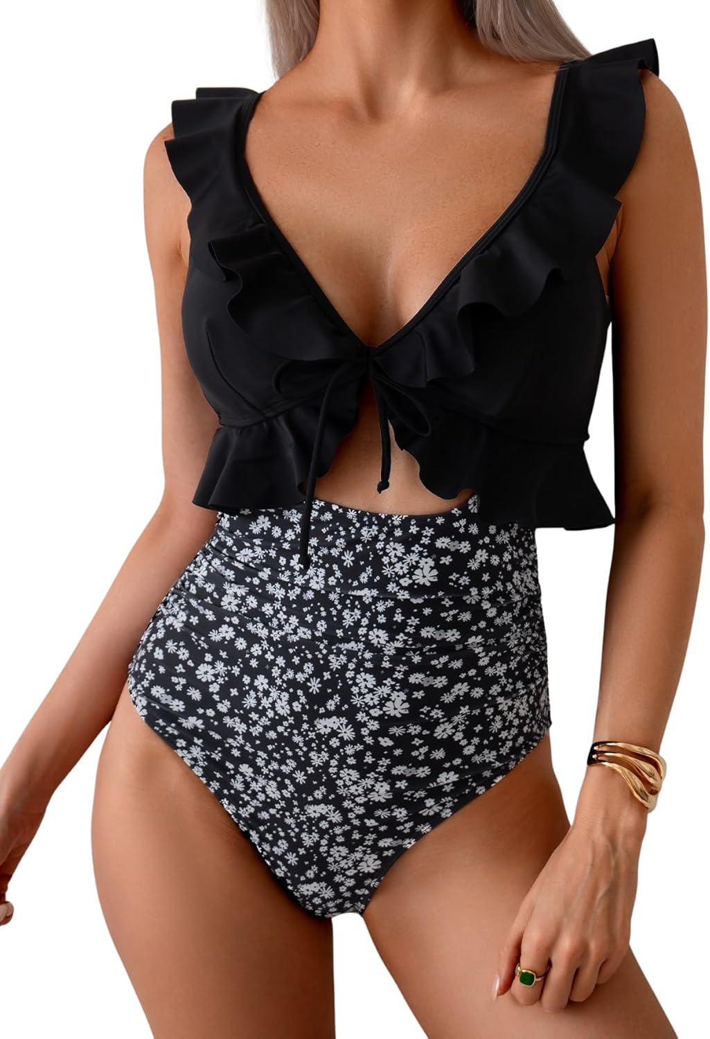 Women's Ruffle V-Neck One-Piece Swimsuit Tummy Control Bathing Suit with Ruched Waist, Cutout & Push-Up Support