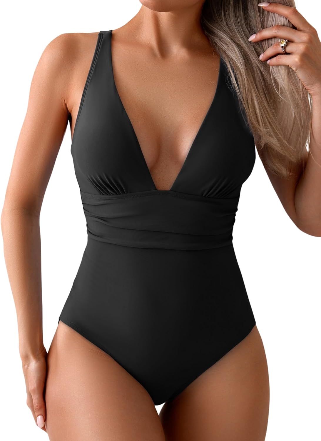 Women's V-Neck One-Piece Swimsuit Tummy Control Bathing Suit with Adjustable Straps & Push-Up Support
