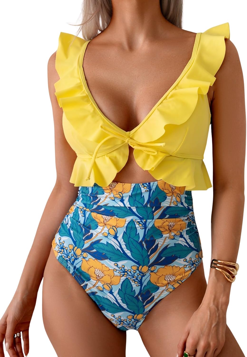 Women's Ruffle V-Neck One-Piece Swimsuit Tummy Control Bathing Suit with Ruched Waist, Cutout & Push-Up Support