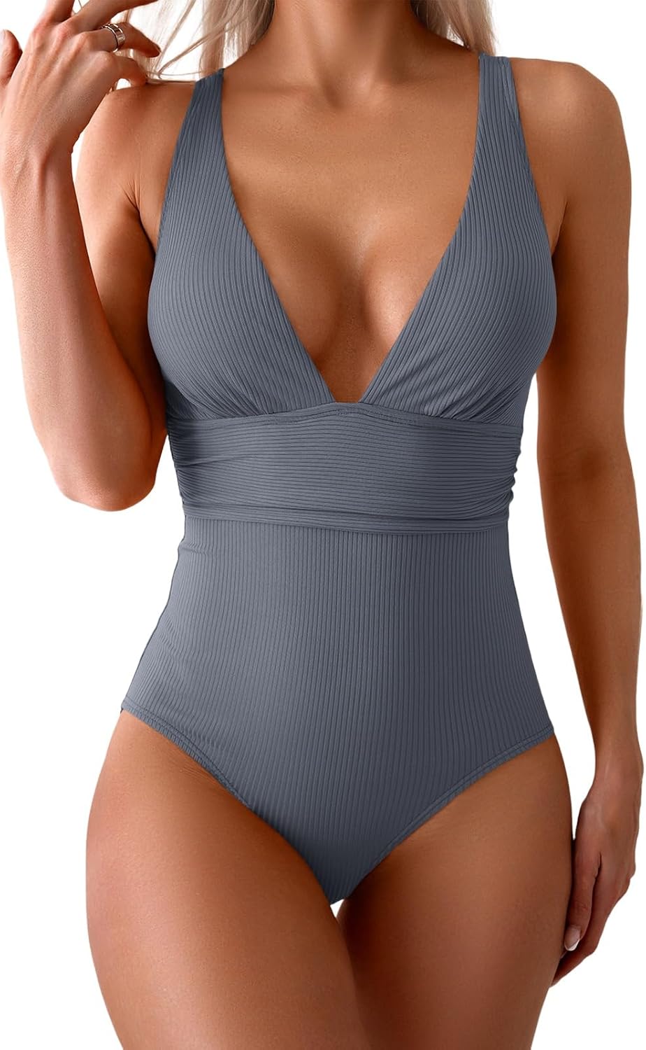 Women's V-Neck One-Piece Swimsuit Tummy Control Bathing Suit with Adjustable Straps & Push-Up Support