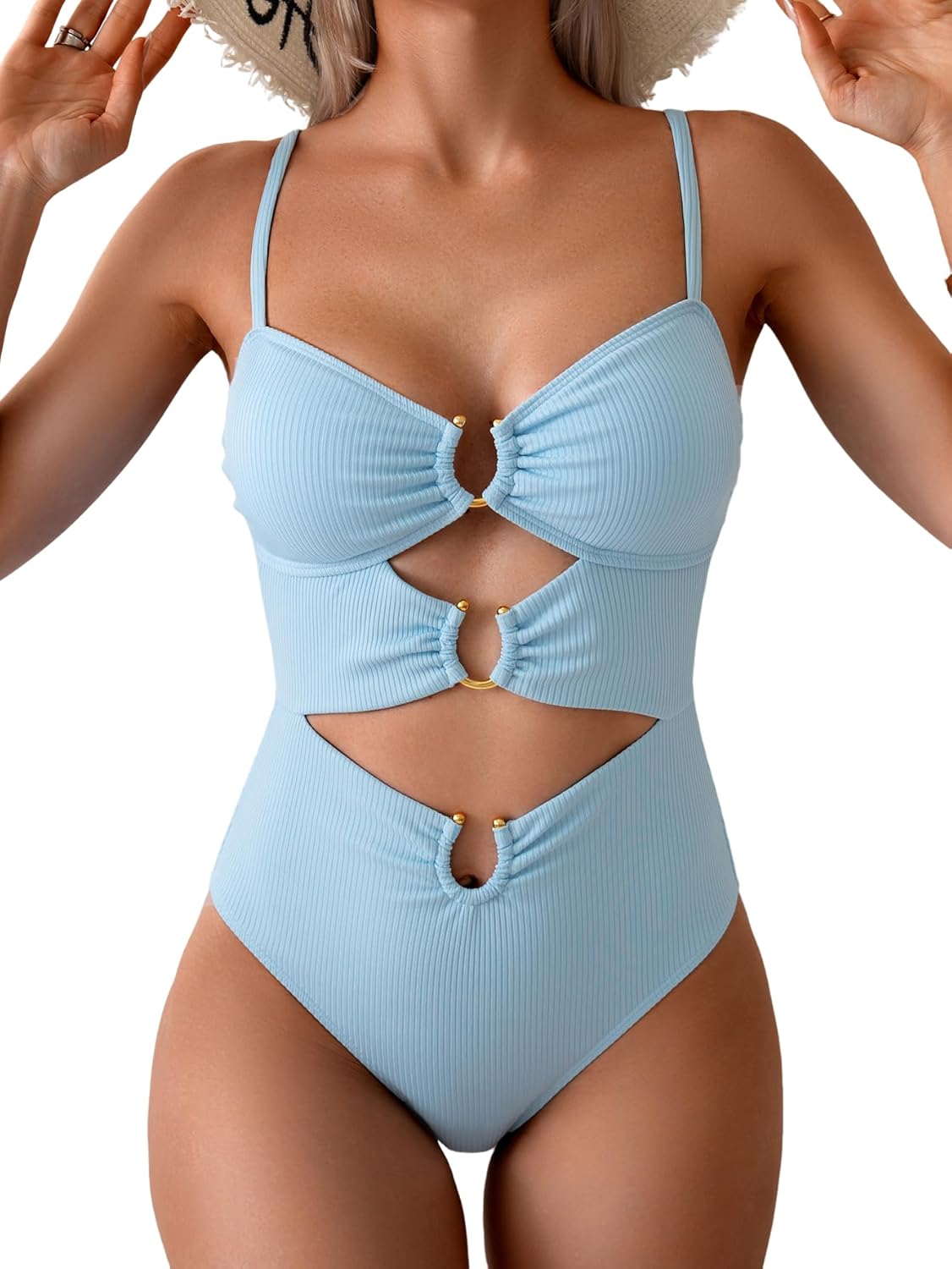 Women's Ring-Linked Cutout Monokini Sexy One-Piece Swimsuit with Adjustable Straps & Push-Up Support