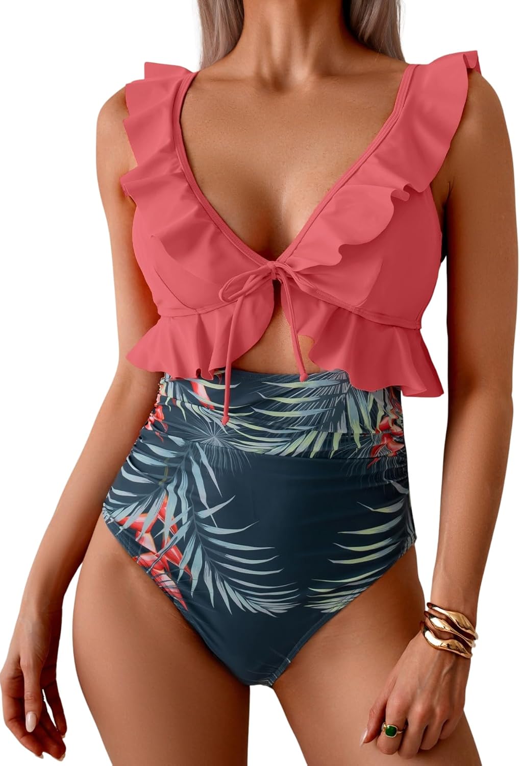 Women's Ruffle V-Neck One-Piece Swimsuit Tummy Control Bathing Suit with Ruched Waist, Cutout & Push-Up Support