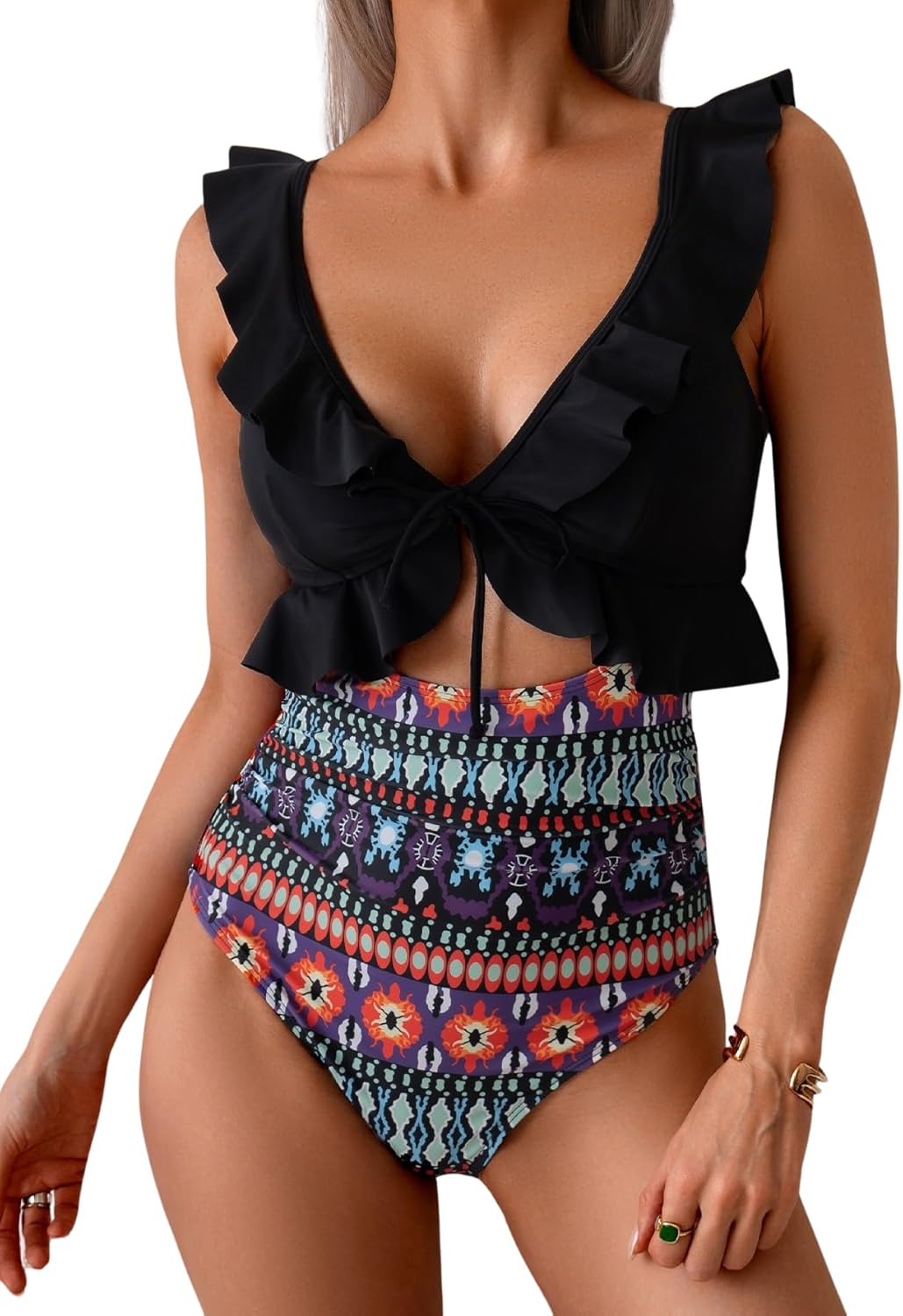 Women's Ruffle V-Neck One-Piece Swimsuit Tummy Control Bathing Suit with Ruched Waist, Cutout & Push-Up Support