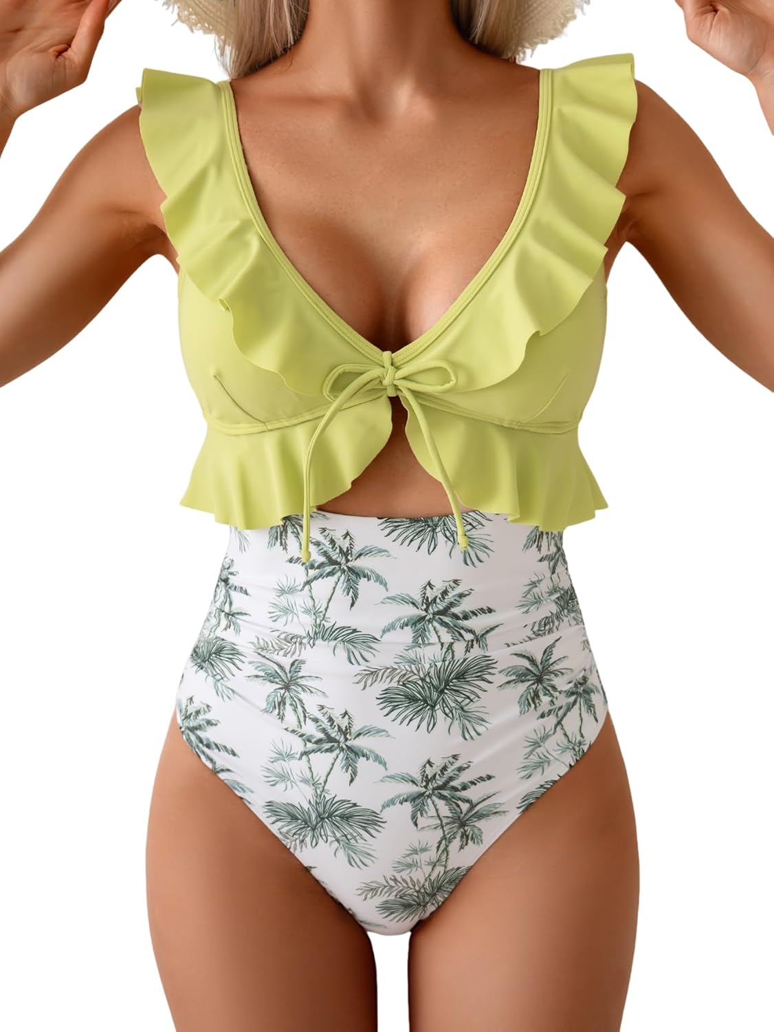 Women's Ruffle V-Neck One-Piece Swimsuit Tummy Control Bathing Suit with Ruched Waist, Cutout & Push-Up Support