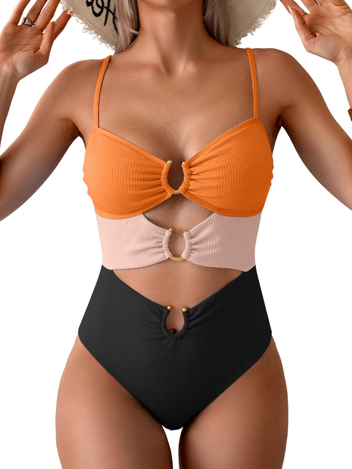 Women's Ring-Linked Cutout Monokini Sexy One-Piece Swimsuit with Adjustable Straps & Push-Up Support