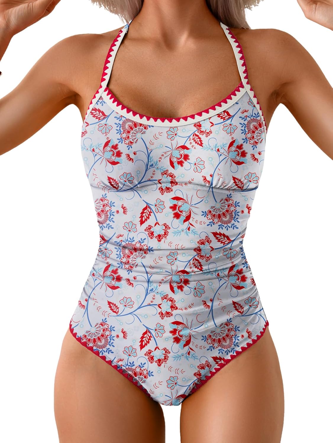 Women's Ruched One-Piece Swimsuit Tummy Control Bathing Suit with Shell Stitch, Tie Back & Push-Up Support