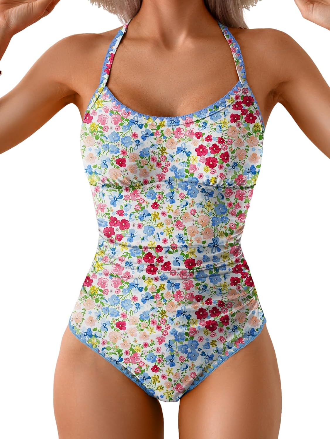Women's Ruched One-Piece Swimsuit Tummy Control Bathing Suit with Shell Stitch, Tie Back & Push-Up Support