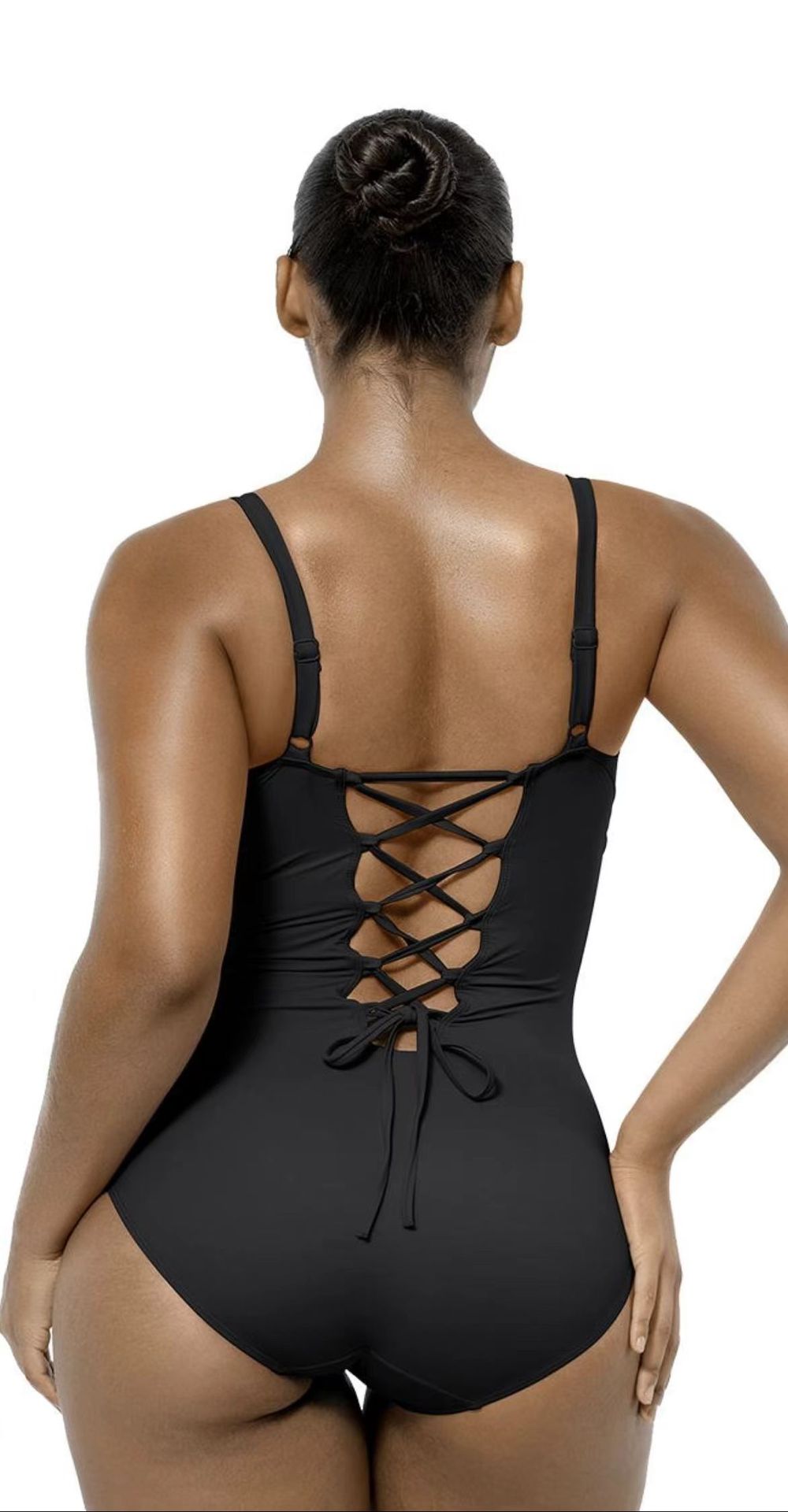 2025 Plus Size Tummy Control One-Piece Swimsuit for Women Solid Color Double-Strap Bathing Suit
