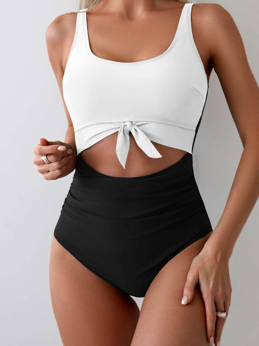 Women's Tummy Control One-Piece Swimsuit Cutout Tie Knot Bathing Suit with Scoop Neck & U Back