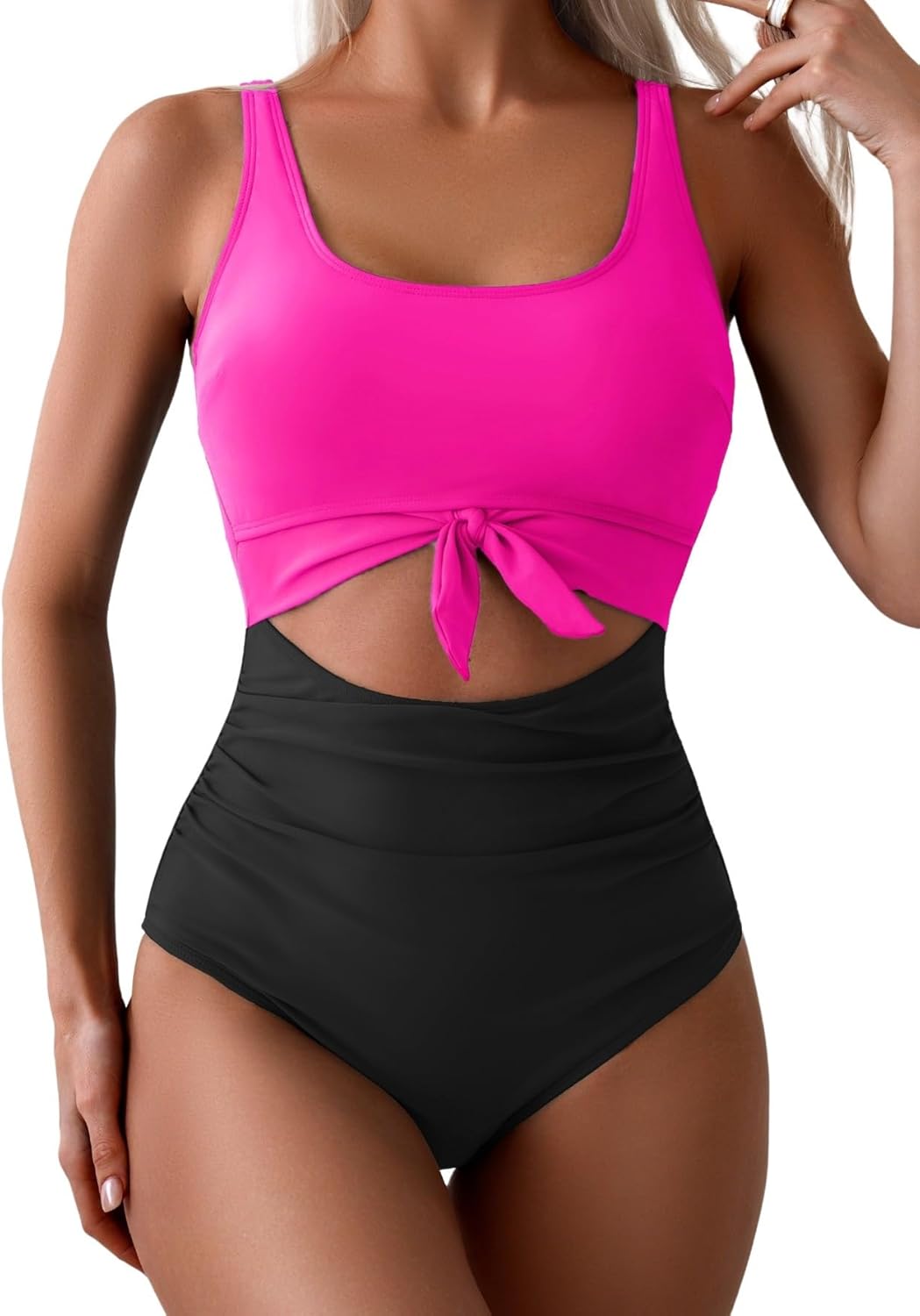 Women's One-Piece Swimsuit Tummy Control Cutout Tie Knot Bathing Suit with Scoop Neck & U-Back