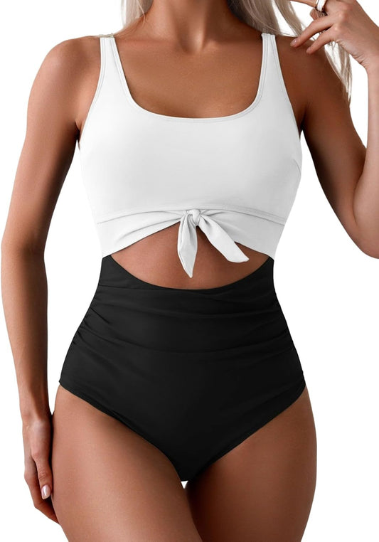 Women's Tummy Control One-Piece Swimsuit Cutout Tie Knot Bathing Suit with Scoop Neck & U Back