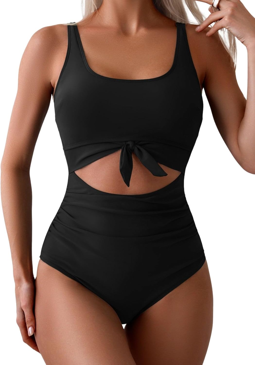 Women's Tummy Control One-Piece Swimsuit Cutout Tie Knot Bathing Suit with Scoop Neck & U Back