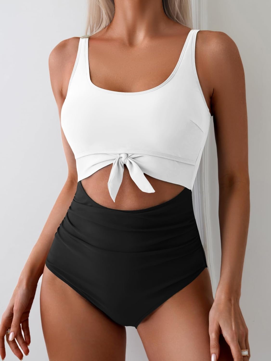Women's Tummy Control One-Piece Swimsuit Cutout Tie Knot Bathing Suit with Scoop Neck & U Back
