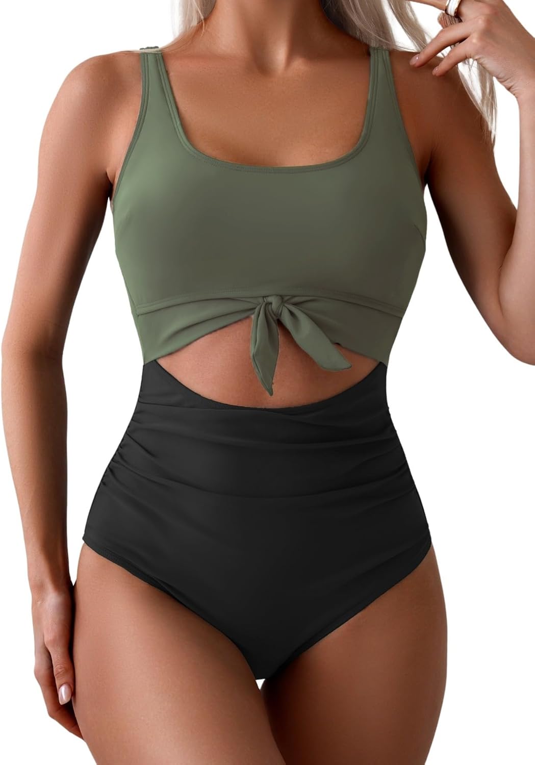 Women's Tummy Control One-Piece Swimsuit Cutout Tie Knot Bathing Suit with Scoop Neck & U Back