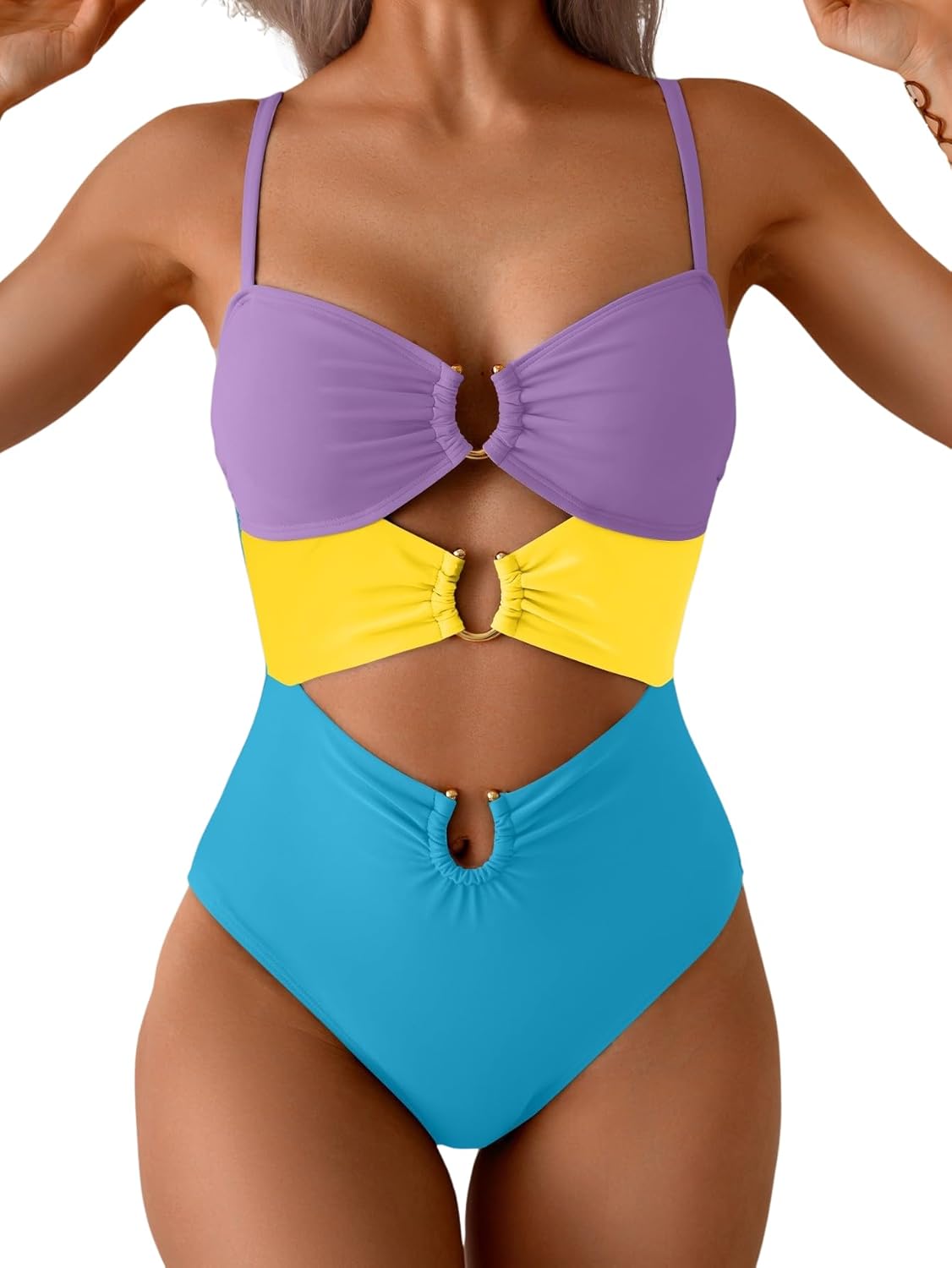 Women's Ring-Linked Cutout Monokini Sexy One-Piece Swimsuit with Adjustable Straps & Push-Up Support