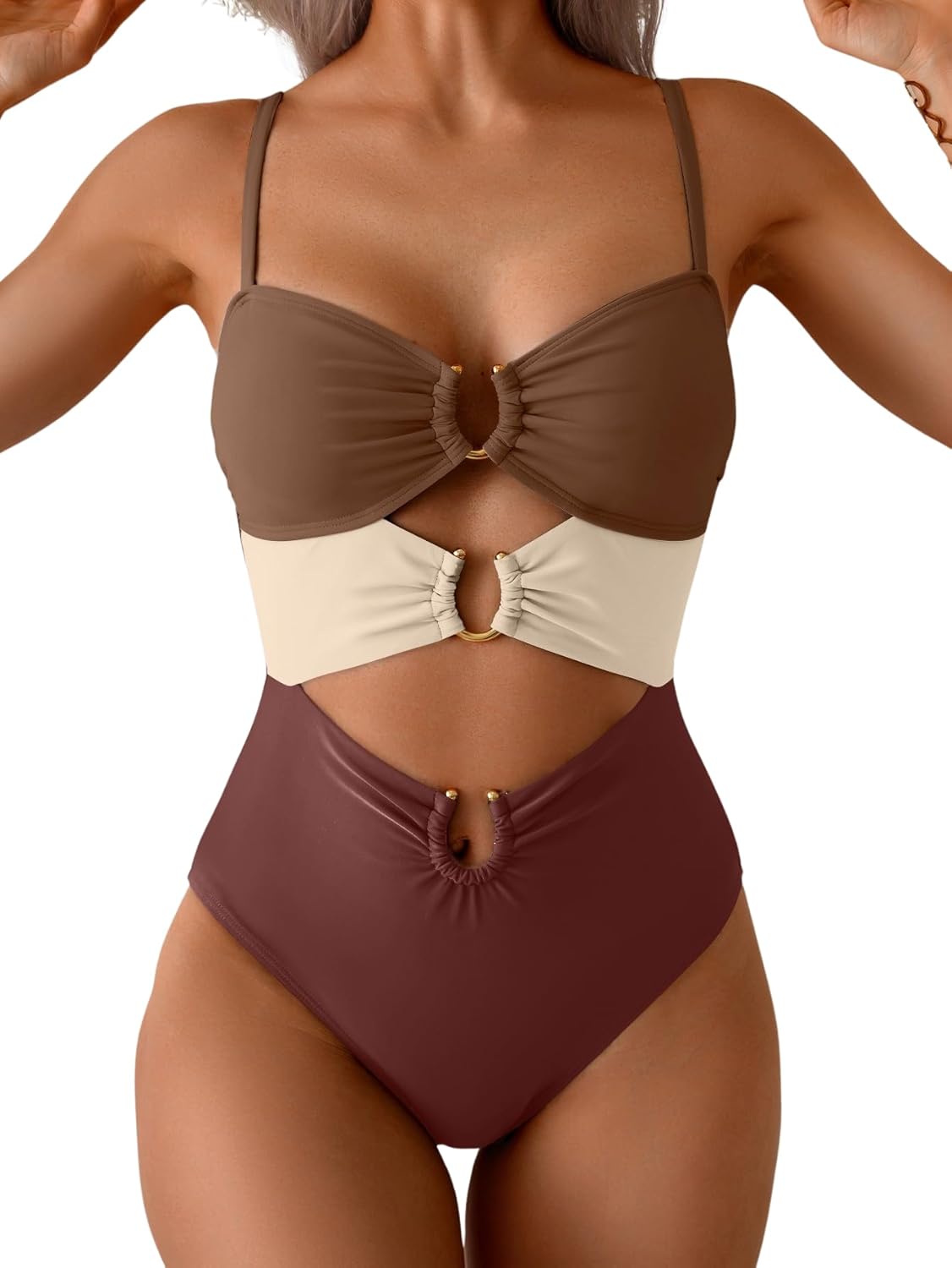 Women's Ring-Linked Cutout Monokini Sexy One-Piece Swimsuit with Adjustable Straps & Push-Up Support