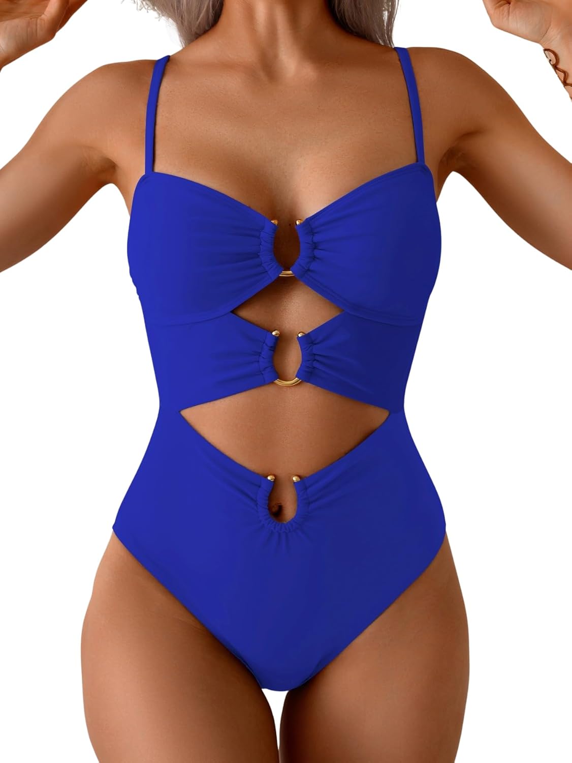 Women's Ring-Linked Cutout Monokini Sexy One-Piece Swimsuit with Adjustable Straps & Push-Up Support
