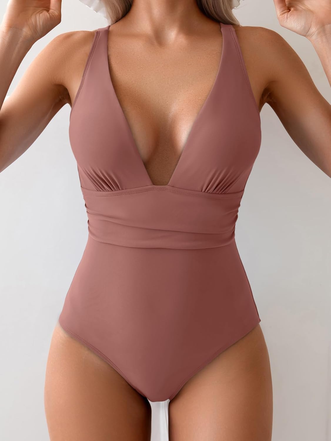 Women's V-Neck One-Piece Swimsuit Tummy Control Bathing Suit with Adjustable Straps & Push-Up Support