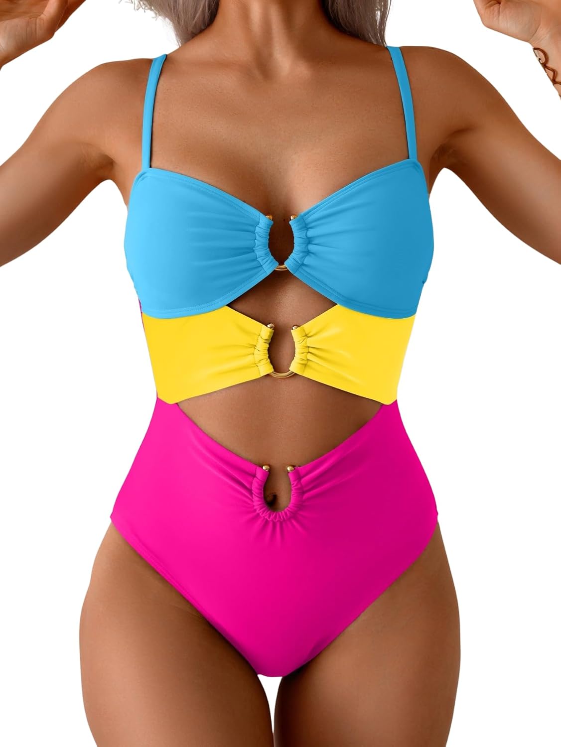 Women's Ring-Linked Cutout Monokini Sexy One-Piece Swimsuit with Adjustable Straps & Push-Up Support