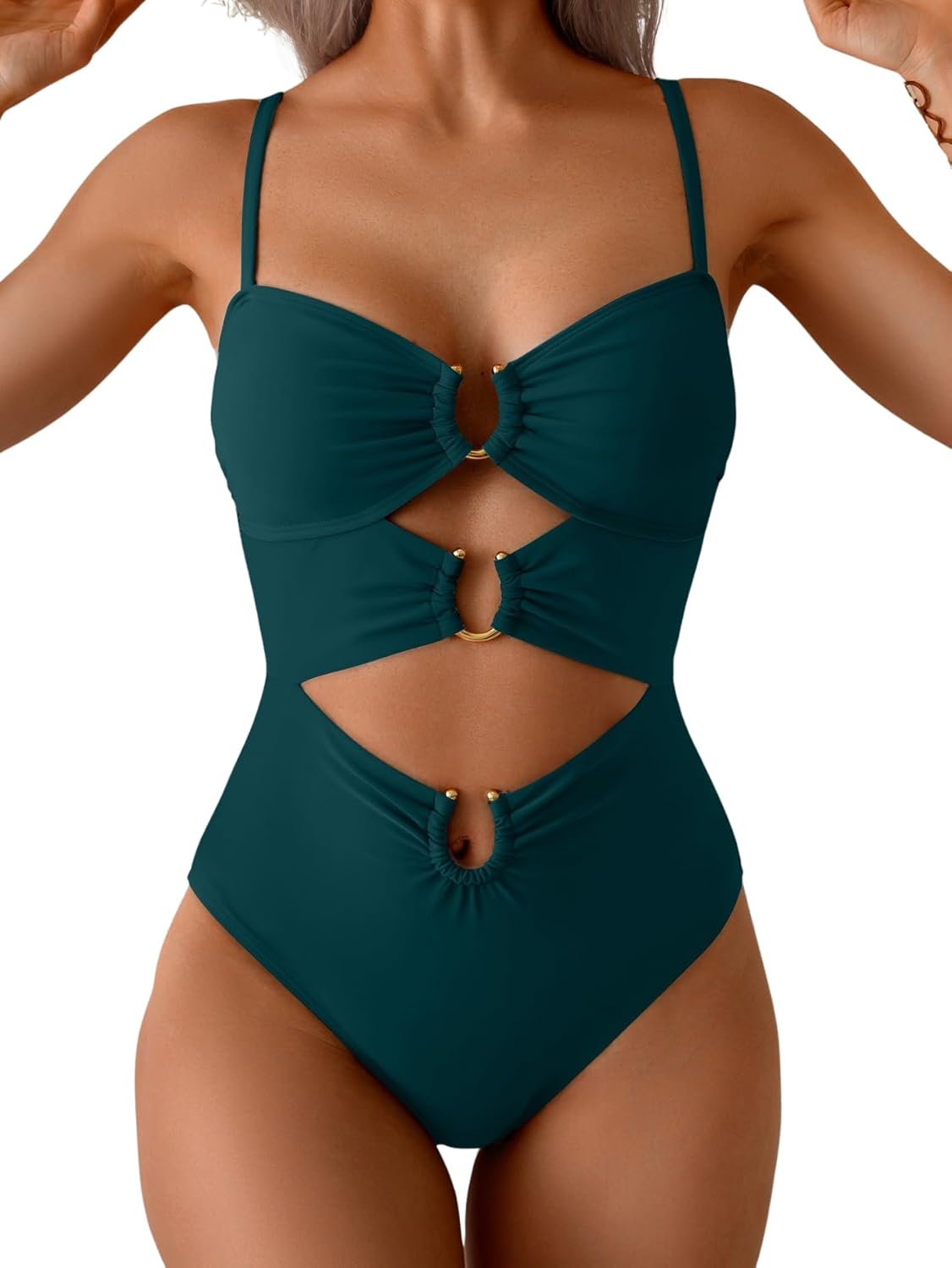 Women's Ring-Linked Cutout Monokini Sexy One-Piece Swimsuit with Adjustable Straps & Push-Up Support