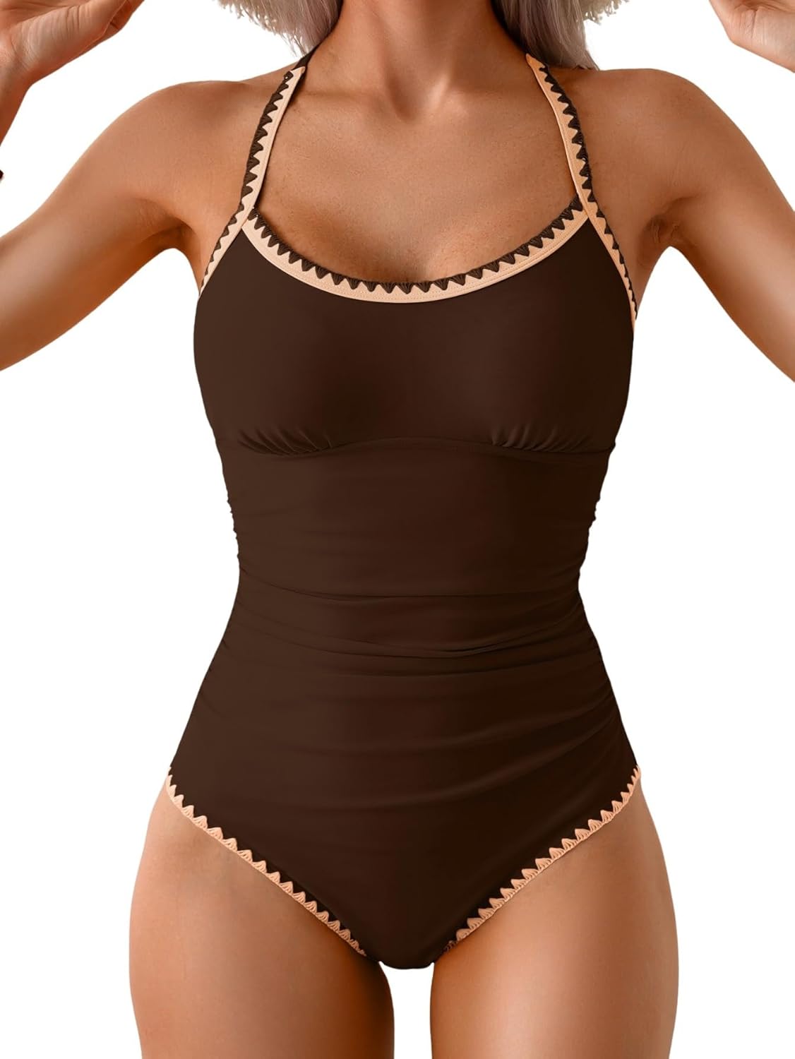 Women's Ruched One-Piece Swimsuit Tummy Control Bathing Suit with Shell Stitch, Tie Back & Push-Up Support