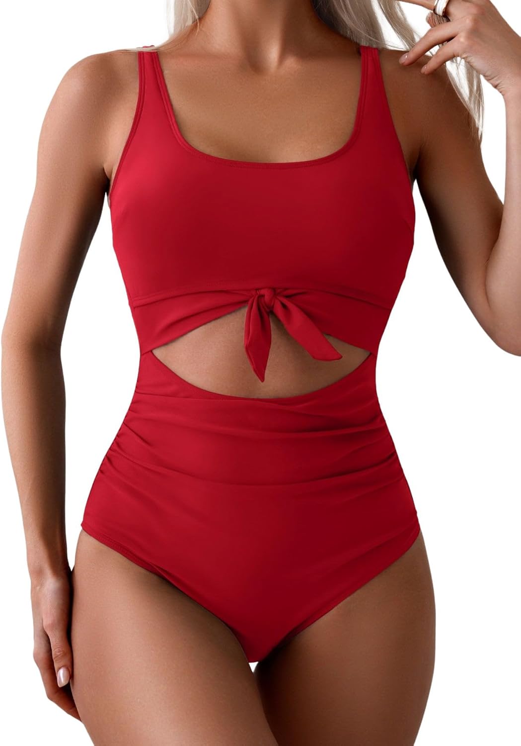 Women's Tummy Control One-Piece Swimsuit Cutout Tie Knot Bathing Suit with Scoop Neck & U Back