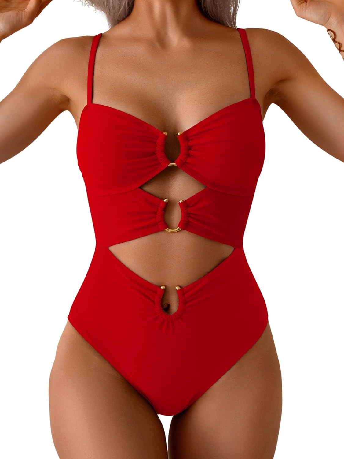 Women's Ring-Linked Cutout Monokini Sexy One-Piece Swimsuit with Adjustable Straps & Push-Up Support