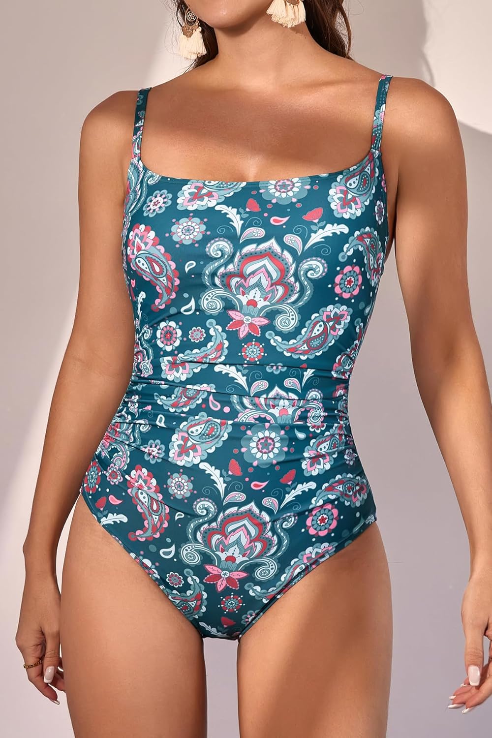 Women's One-Piece Swimsuit Tummy Control Ruched Bathing Suit with Square Neck