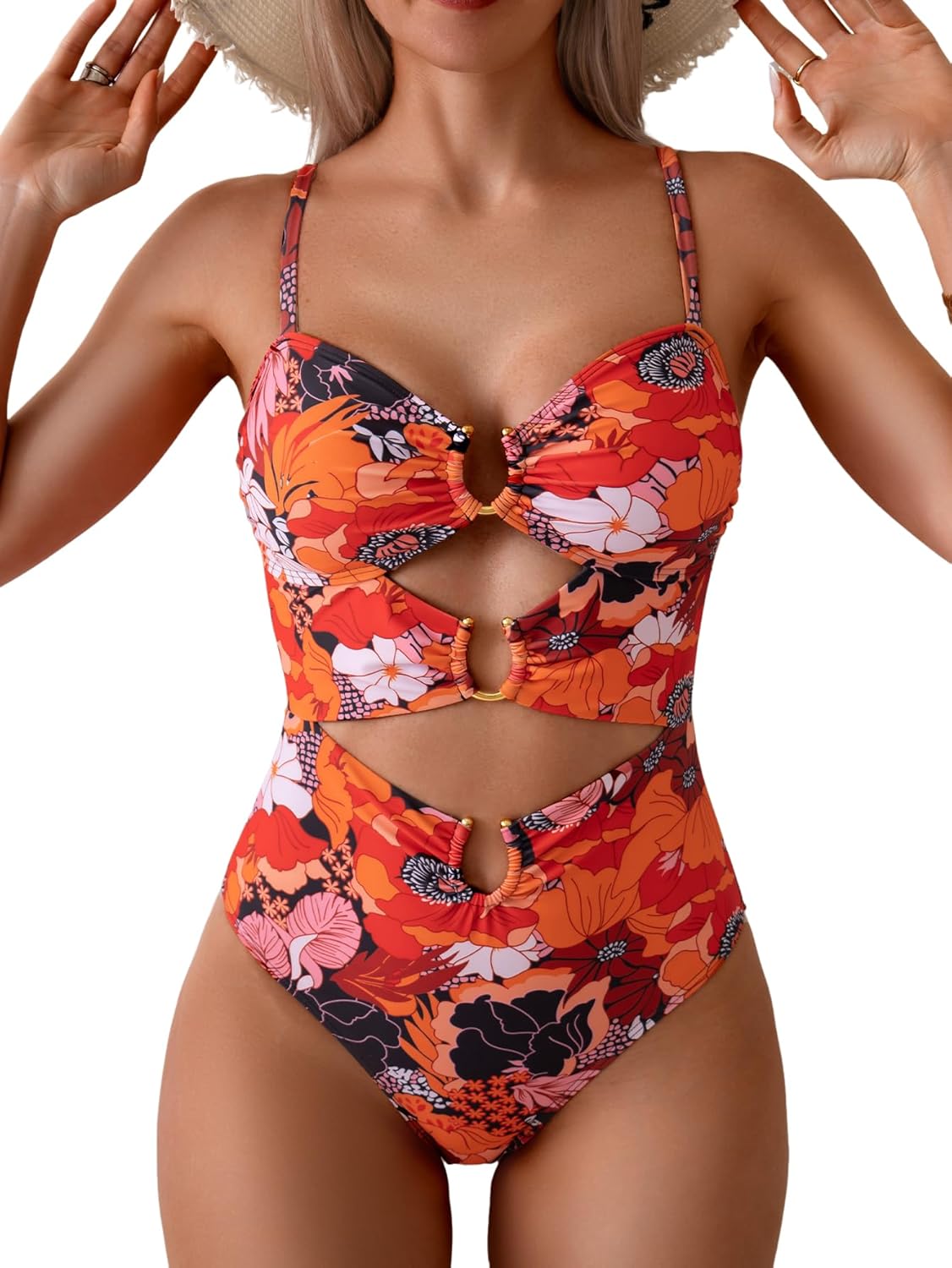 Women's Ring-Linked Cutout Monokini Sexy One-Piece Swimsuit with Adjustable Straps & Push-Up Support