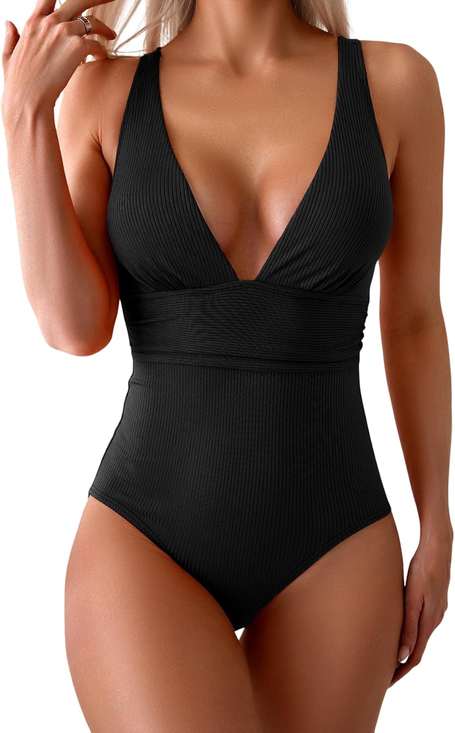 Women's V-Neck One-Piece Swimsuit Tummy Control Bathing Suit with Adjustable Straps & Push-Up Support