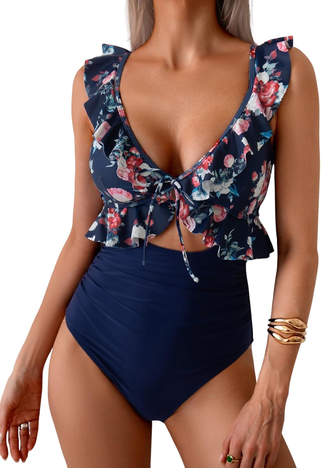 Women's Ruffle V-Neck One-Piece Swimsuit Tummy Control Bathing Suit with Ruched Waist, Cutout & Push-Up Support