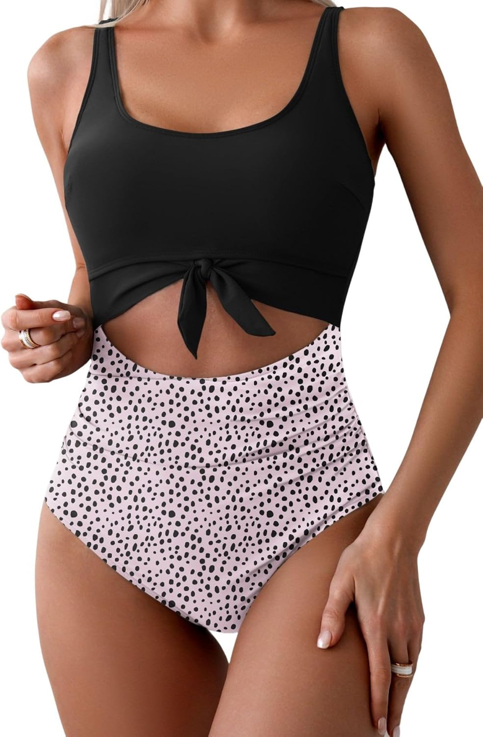 Women's One-Piece Swimsuit Tummy Control Cutout Tie Knot Bathing Suit with Scoop Neck & U-Back