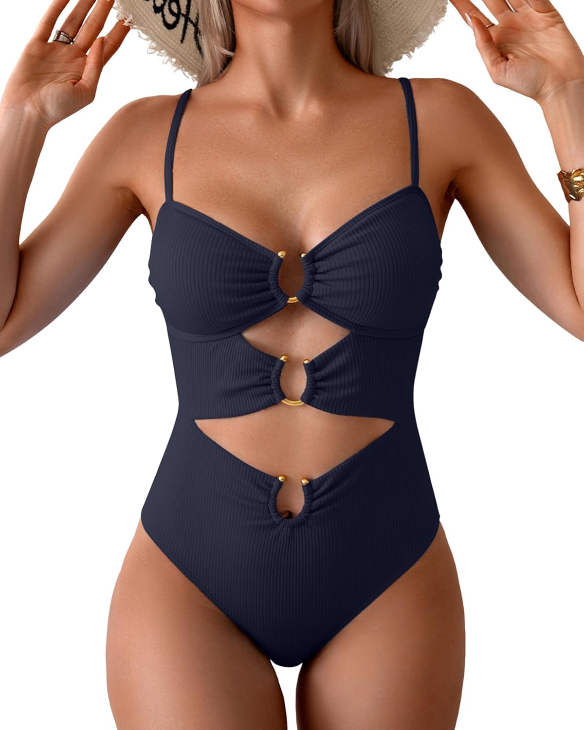 Women's Ring-Linked Cutout Monokini Sexy One-Piece Swimsuit with Adjustable Straps & Push-Up Support